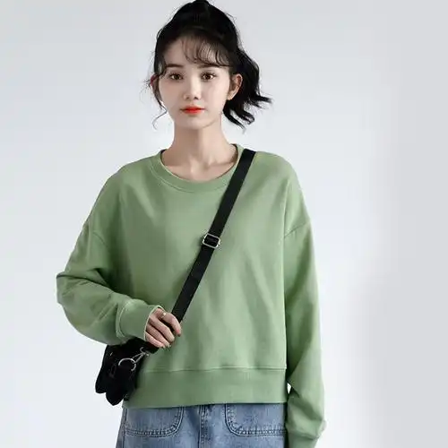 2021春季新款豆绿色短款圆领卫衣女春秋薄款小个子套头无帽上衣潮