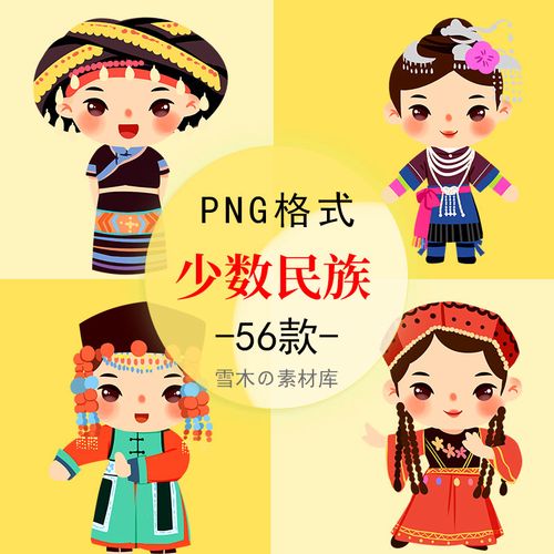 卡通56少数民族插画人物服饰土家族回族维吾尔族苗族png免扣素材