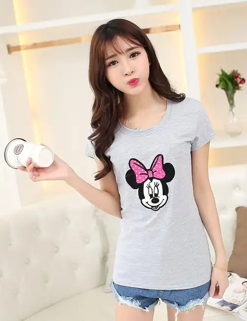 曼旋 2015新款米奇老鼠米妮蝴蝶结女装短袖t恤女夏装修身可爱衣服 md