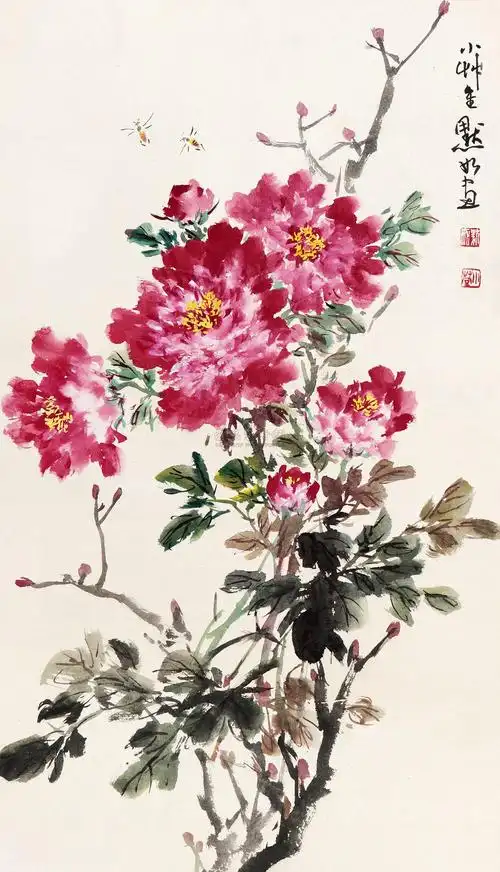 【牡丹蜜蜂 立轴 设色纸本】拍卖品_图片_价格_鉴赏_绘画_雅昌艺术品