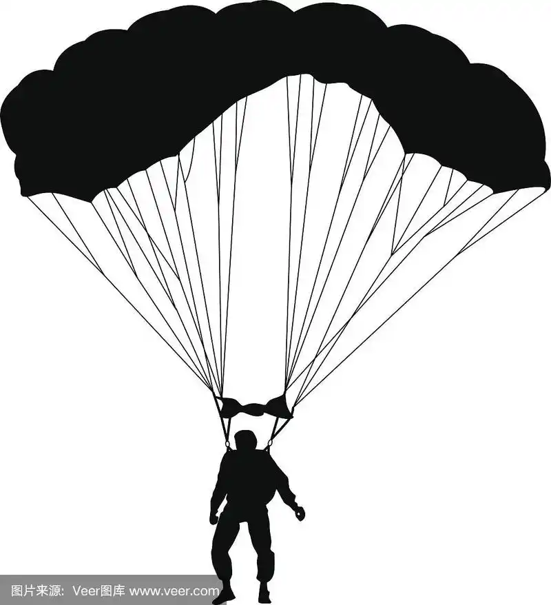 跳伞者,剪影降落伞矢量插图.