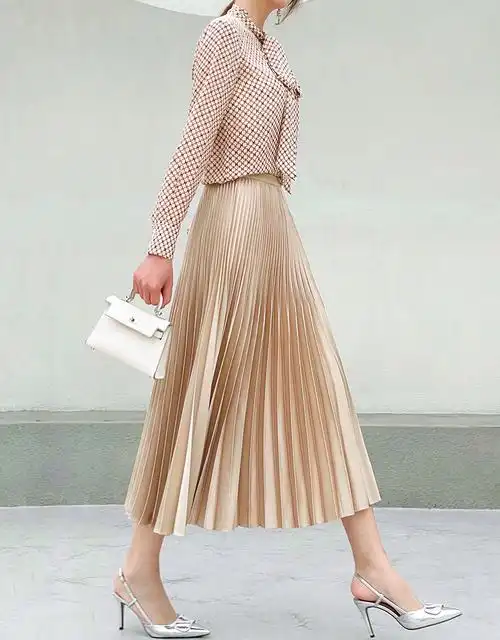 百折裙半身裙长款醋酸百褶裙女秋冬2021高腰a字中长款双压褶流光裙子