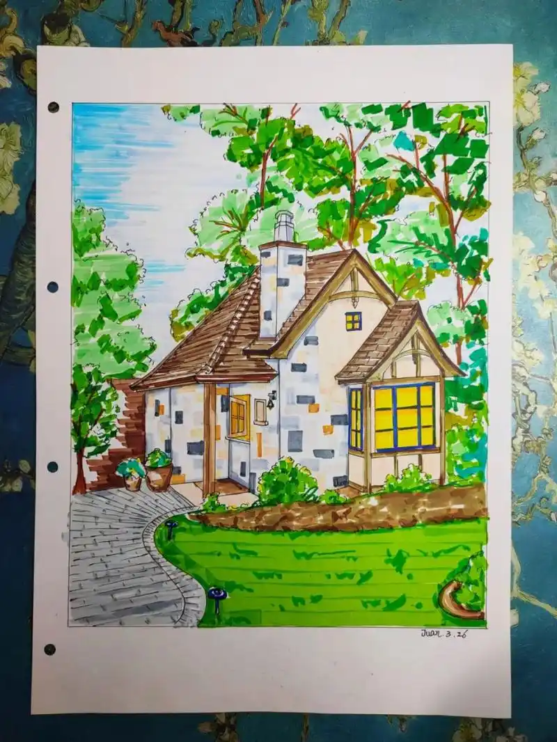 马克笔风景画(石雕小屋)上色 #马克笔画# #风景画# #马克笔风景画