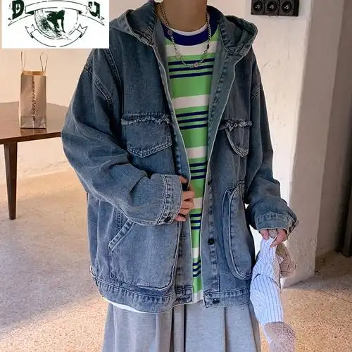 hlcoman连帽牛仔外套男春秋季潮牌男士褂子韩版宽松潮流帅气复古工装