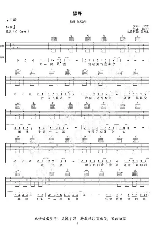 撒野吉他谱凯瑟喵c调弹唱谱巫哲撒野小说