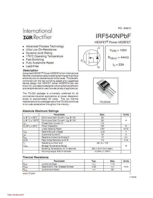 irf540npbf;中文规格书,datasheet资料.pdf