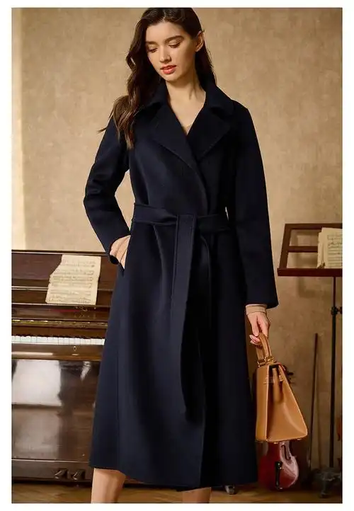 瑟俐品牌高端藏青色双面100纯山羊绒大衣女中长款毛呢外套2022秋冬