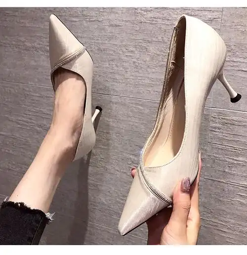 高跟鞋女神范百搭尖头浅口名媛缎面单鞋女2021新款鞋 黑色【7cm跟高】