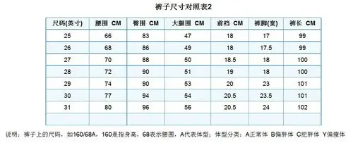 裤子尺码表