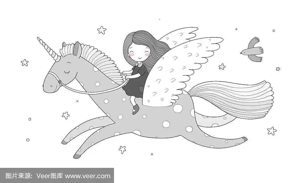 可爱的卡通女孩骑在飞马上.公主和独角兽