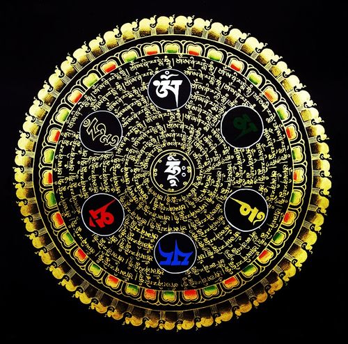 新款印花dmc纯棉十字绣客厅玄关圆形中式唐卡挂画六字真言咒轮图