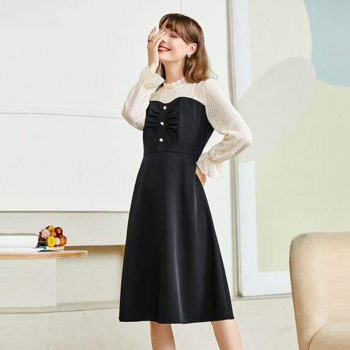 betu百图女装连衣裙蕾丝拼接气质收腰显瘦连衣裙女