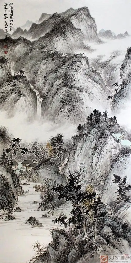 【已售】名家刘金河四尺山水作品《晴明无雨色入云》