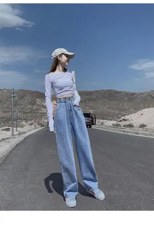 腿牛仔裤女春秋装年新款小个子高腰显瘦直筒宽松垂感拖地裤1202浅蓝色