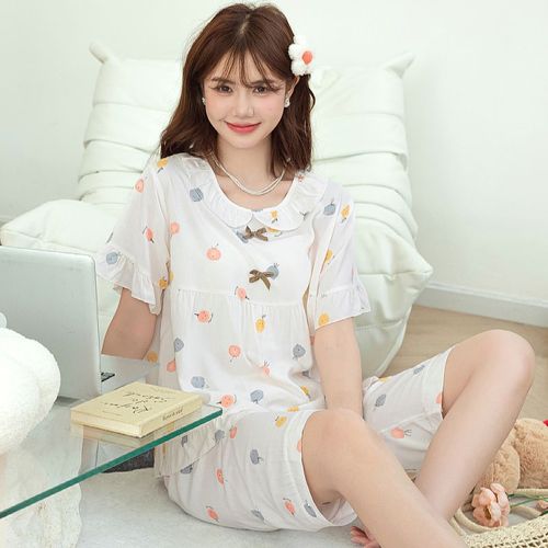 绵绸睡衣女夏季短袖纯棉绸大码夏天人造棉女士纯棉薄款棉绸家居服