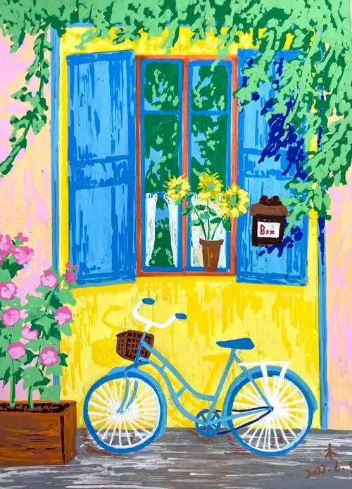 丙烯马克笔26风景夏天窗外单车附过程