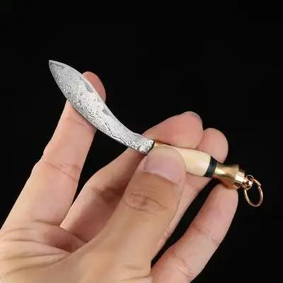 迷你兽骨柄小弯刀大马士革钢花纹钢工艺小刀军工刀拆快递刀防身刀