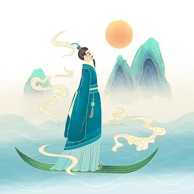 古代人物手绘卡通国潮端午节屈原原创插画海报