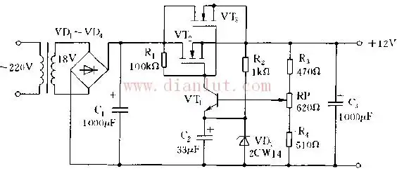简单串联式线性稳压电源电路图
