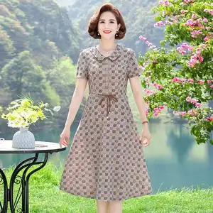小个妈妈夏装娃娃领连衣裙洋气中年妇女高贵气质中长打底裙子遮肚
