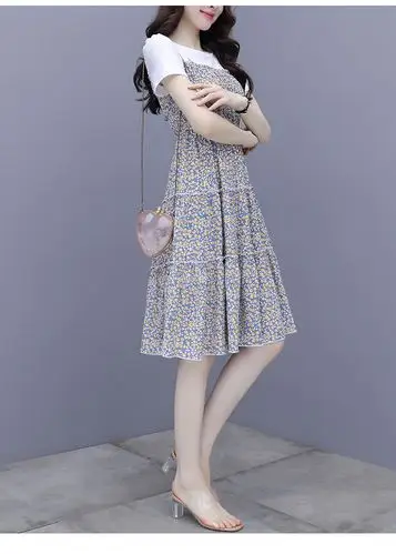 夏季新款韩版假两件碎花连衣裙女时尚拼接圆领褶皱a字裙潮 红花 s