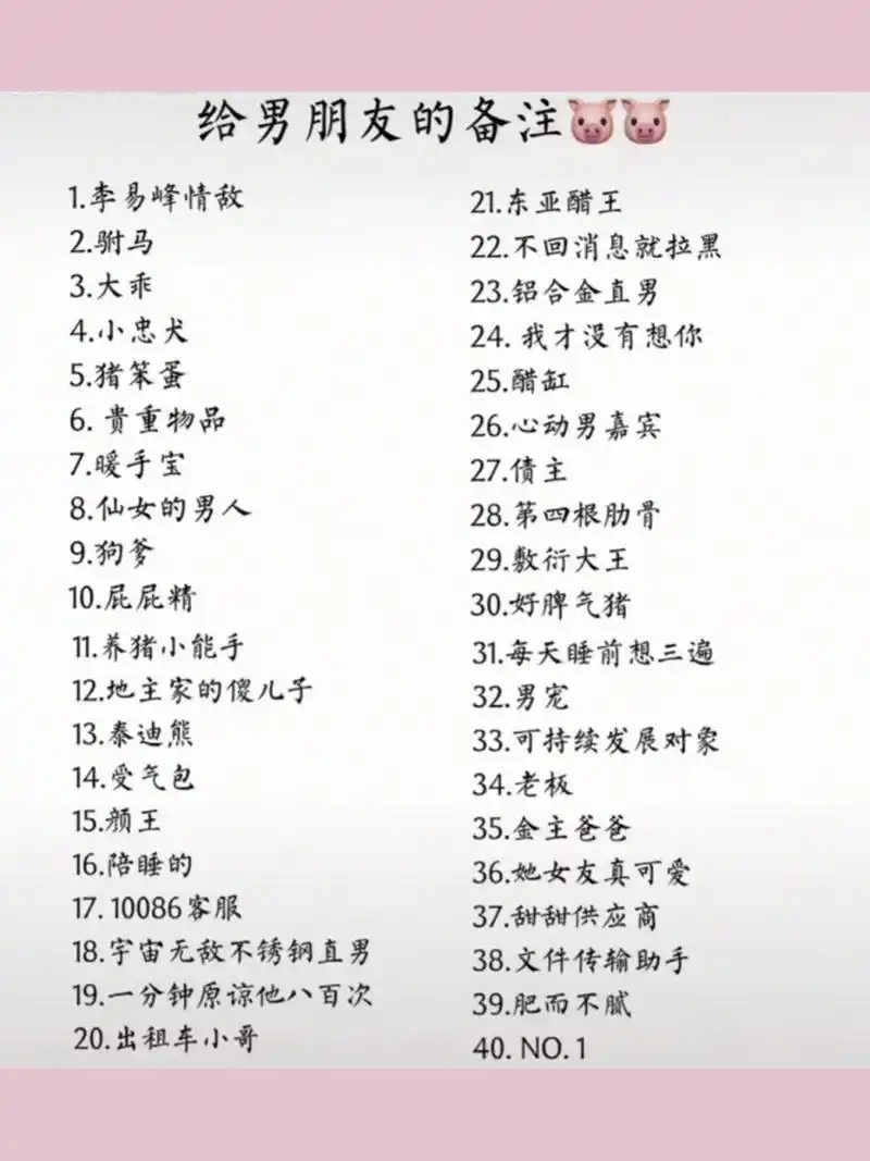 给男朋友的备注 给男朋友的可爱备注~ 1.仙女养的猪 2.甜甜供应商 3.