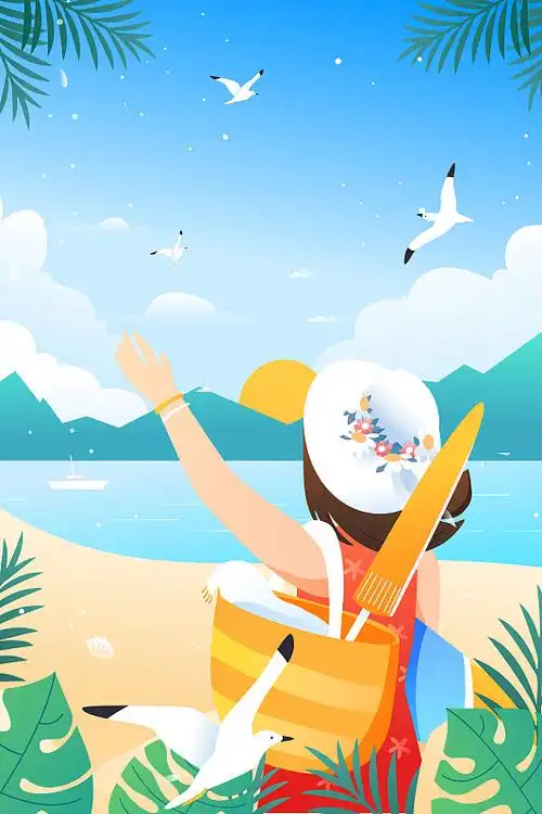 女孩海边旅游夏季夏天暑假出游矢量背景插画图片下载