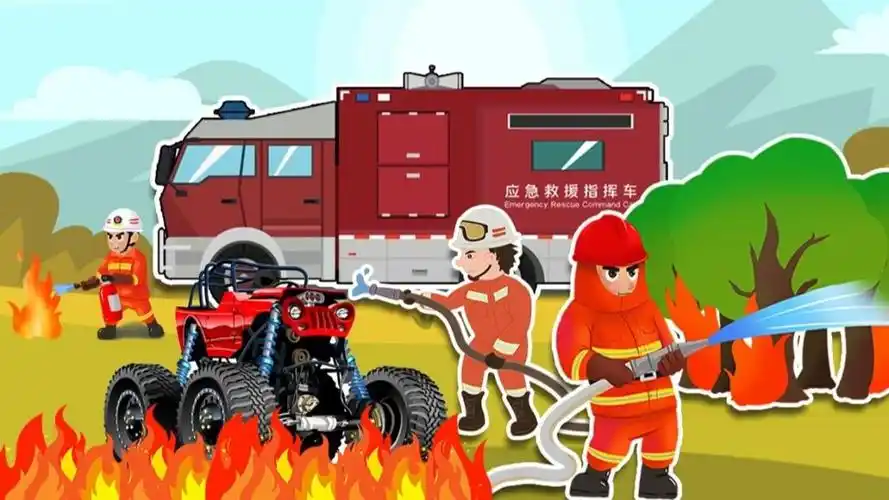 森林着火小动物们四处乱跑,消防车救援队赶到救援,希望能快点灭火还小