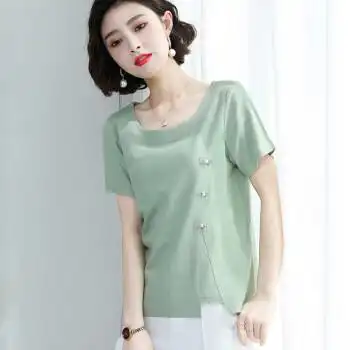 女2022年新款棉麻圆领短袖女士t恤亚麻短款夏季女装宽松女上衣豆绿色l