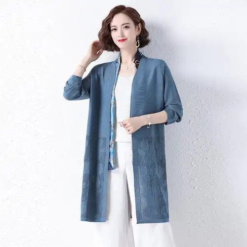 妈妈春夏冰丝针织开衫女中长款外搭披肩中年女宽松加大码薄外套