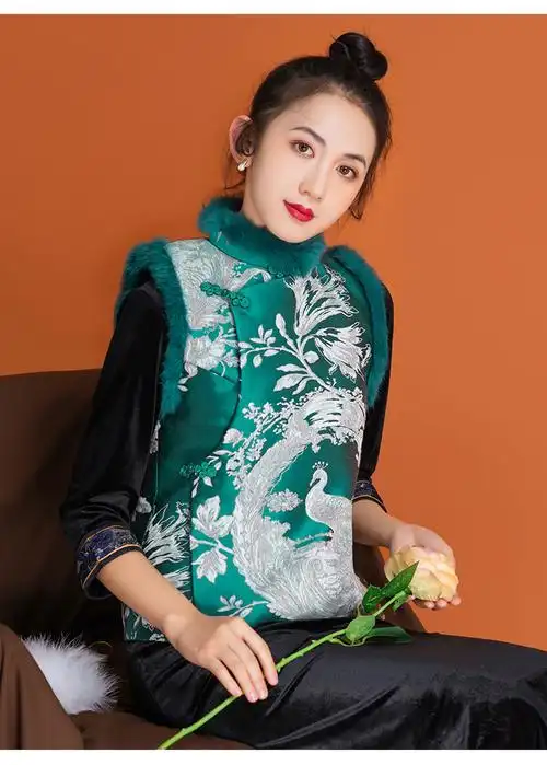 旗袍女装唐装马甲背心女秋冬复古小袄改良年轻少女中国风冬款加厚兔毛