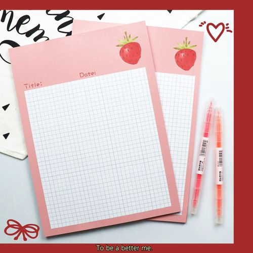 可爱草莓粉色网格信纸便签计划英语单词信笺学生学习日记手写稿纸