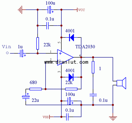 用tda2030制作的有源功放电路图