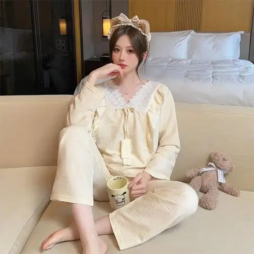 直播爆款睡衣女云朵棉皱春秋甜美花边长袖长裤家居服可外穿套装 - 17