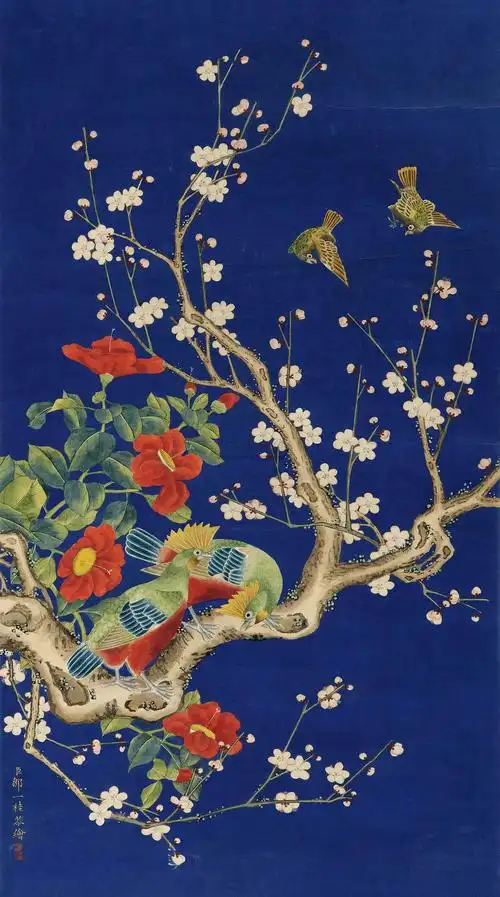 0990椿梅盼子归立轴设色纸本
