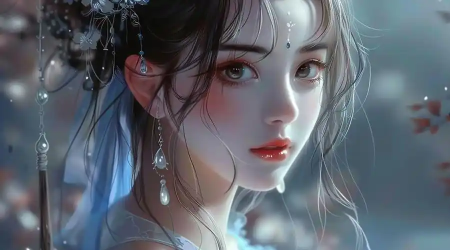 一位优雅的中国古风美女,眼睛明亮而有神,镶嵌在她灵动的面孔上