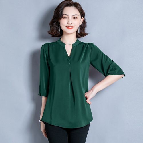 真丝半袖衬衫女夏2020新款宽松大码中老年妈妈桑蚕丝t恤百搭上衣