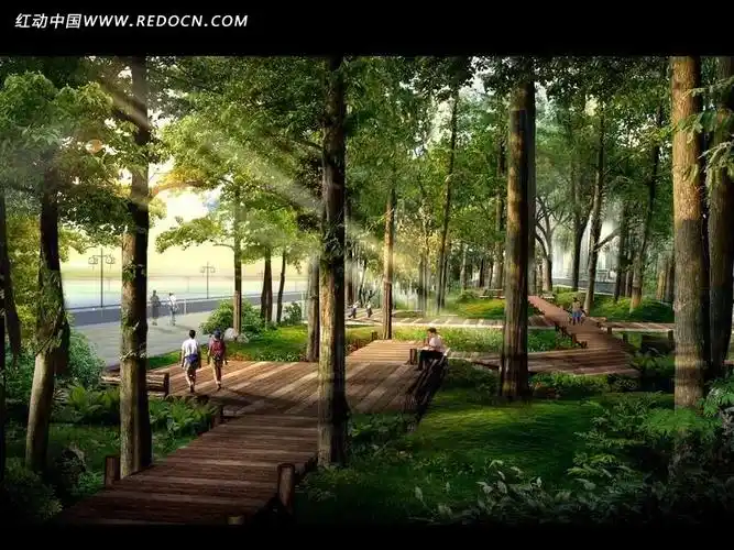 阳光下树林里稀落的行人psd素材 公园景观效果图