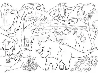 大自然中恐龙儿童的卡通着色. 黑白矢量插图照片