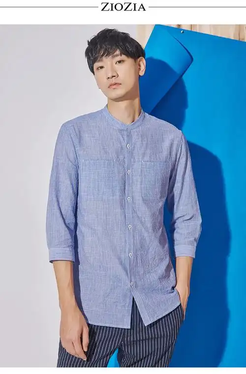 ziozia/ziozia夏季男士韩版时尚潮流方领七分袖衬衫青年休闲男士长袖