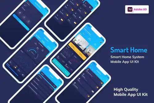 深蓝色系科技风扁平化智能家居控制客户端 ui界面设计素材包(xd)