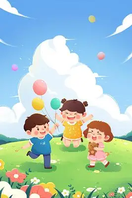 卡通儿童节天空下欢快玩耍插画卡通儿童节插画