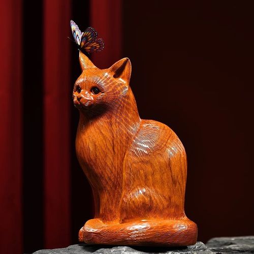 木雕摆件小猫咪实木质雕刻可爱动物家居客厅办公书桌女友工艺礼品
