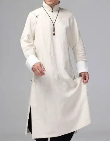 中国风复古中式亚麻长衫男大码棉麻民国长袍居士服禅修服立领 白色 s