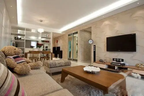 100平方米中户型三房二厅现代简约风格房屋客厅茶几沙发吊顶装修效果