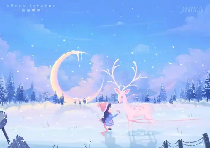 梦幻唯美冬日麋鹿月亮雪景场景插画