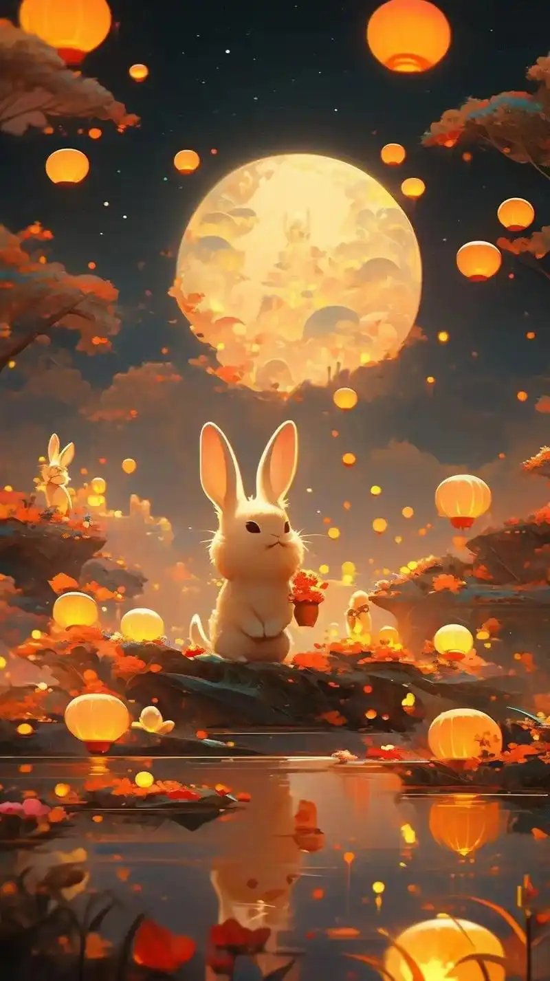 中秋节,可爱的兔子,月饼,吉祥的云彩,巨大的月亮背后,漂浮在 - 抖音