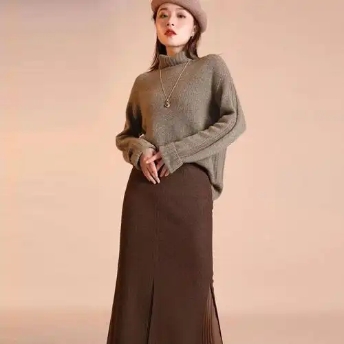 秋冬长裙包臀毛呢咖啡色中长新款2022半身呢子半身裙