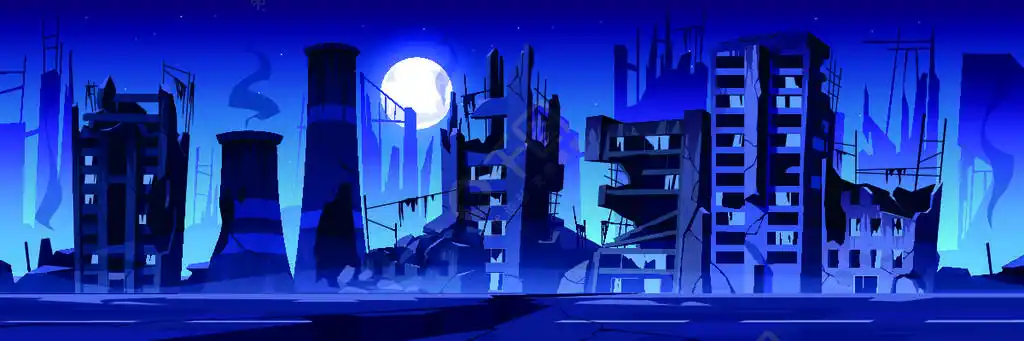 破坏,自然灾害或灾难后果,世界末日后的世界废墟与破碎的道路和街头