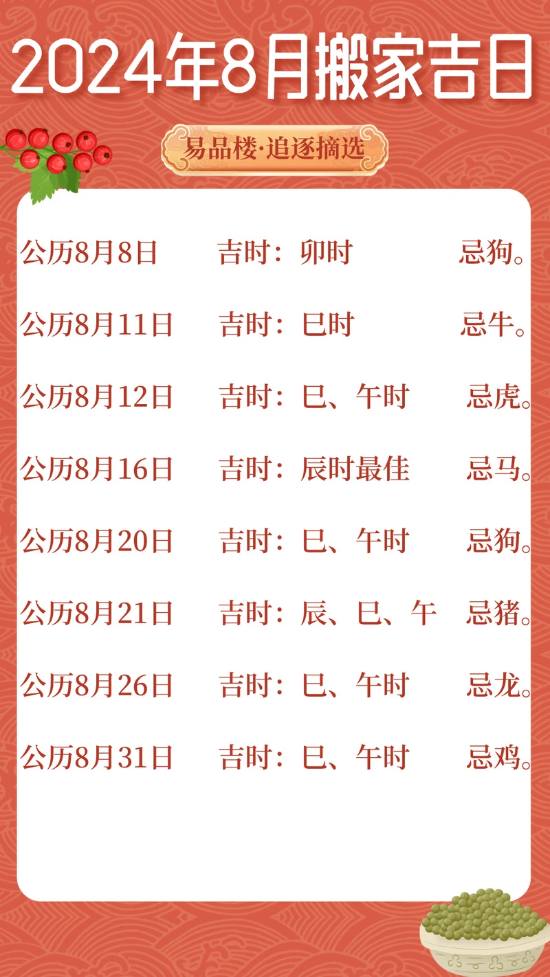 玄学体验官·追逐:2024年8月搬家入宅黄道吉日大全